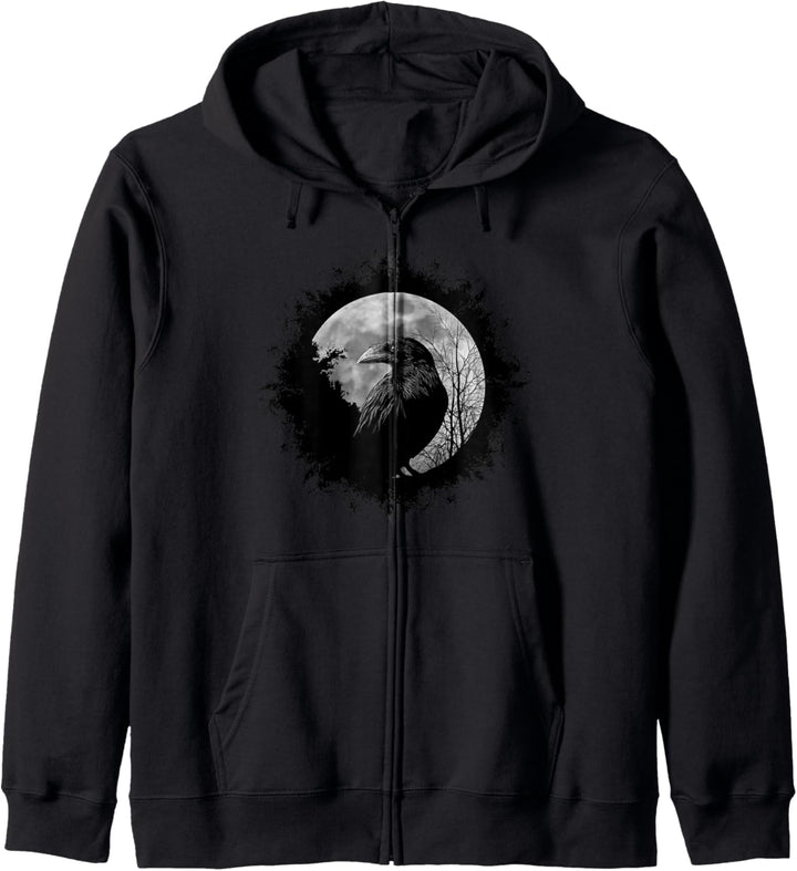 Schwarze Krähe mystischer Rabe bei Vollmond Kapuzenjacke