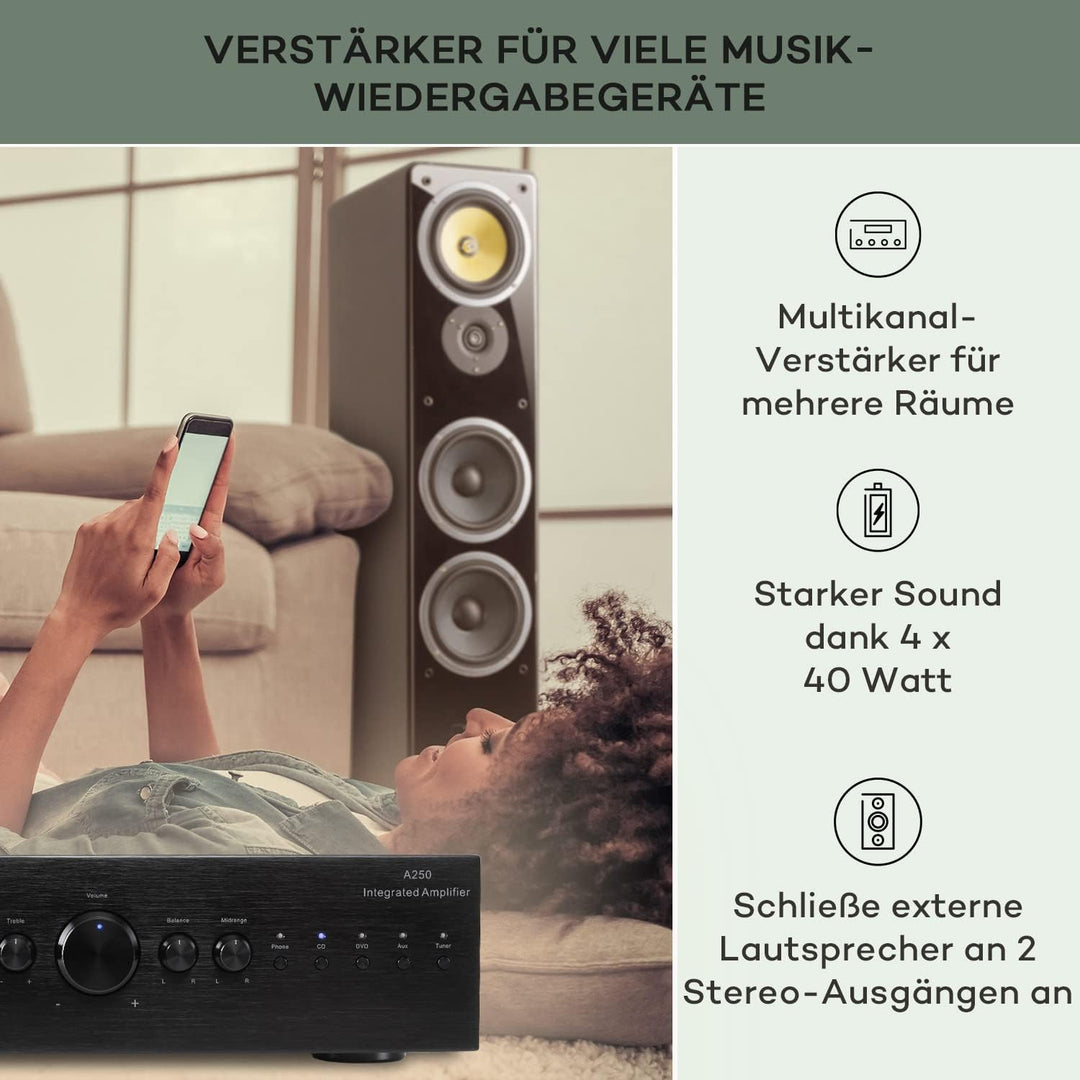 Auna Verstärker, HiFi Stereo Mini Verstärker, HiFi-Verstärker mit Bass & Treble Regler, 2 Kanal Audi