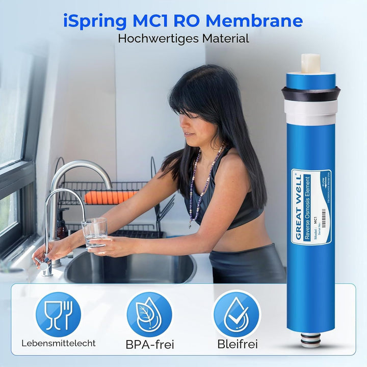 iSpring MC1 Umkehrosmose Membran 100GPD 30CM X4.5CM, Ersatzfilter passt Standard Unterspüle RO Trink