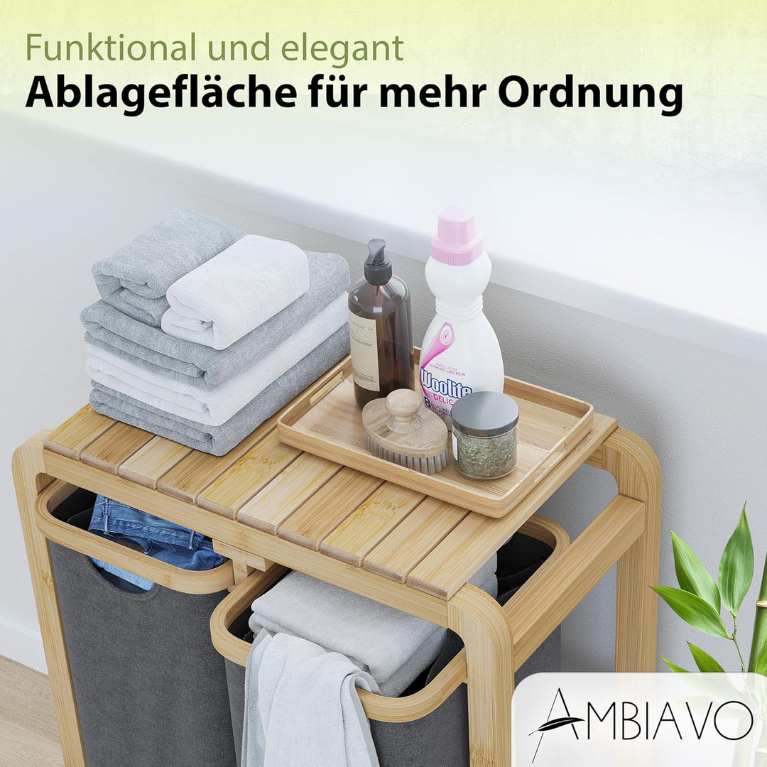 Wäschekorb 2 Fächer grau 100 L – Platzsparendes Design – 50L pro Fach - Stabile Bambuskonstruktion –