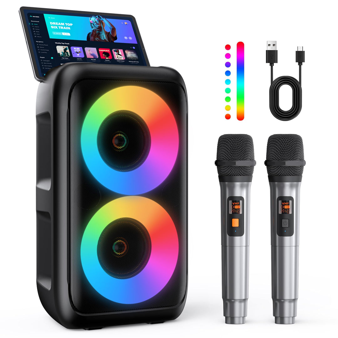 Karaoke Maschine mit 2 kabellosen Mikrofonen – 2x10W Tragbarer Bluetooth Lautsprecher, unterstützt T