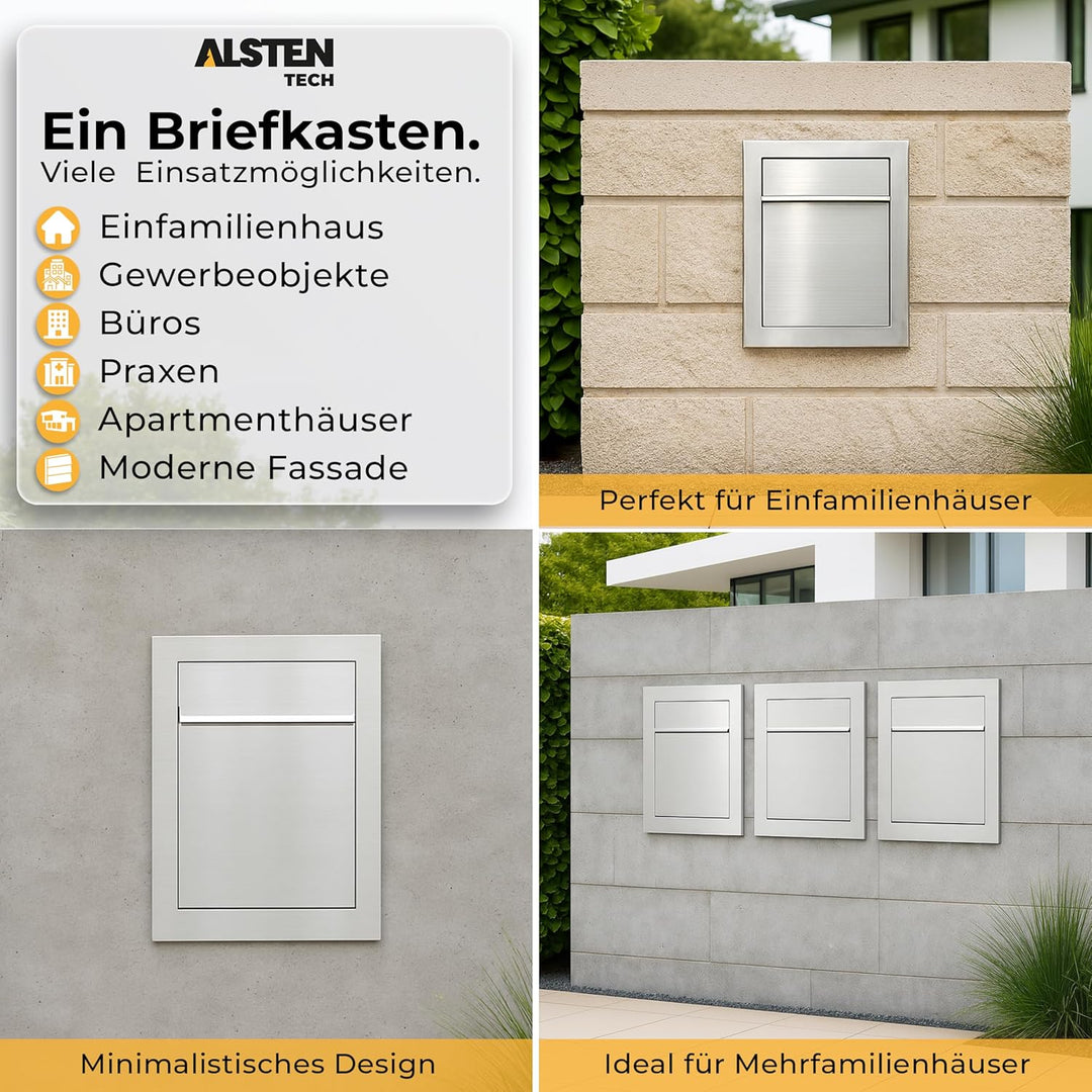 Unterputz Briefkasten Edelstahl INOX Einbaubriefkasten flächenbündig wetterfest Wandmontage mit Schl