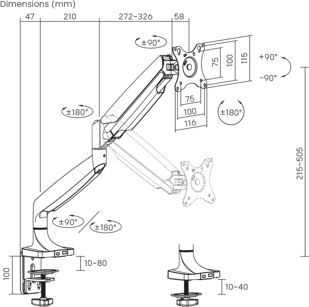 Maclean Doppelarm-Monitorhalterung mit Gasfeder für 17-45" Zoll Bildschirm bis zu 16kg | Tragarm, Ti