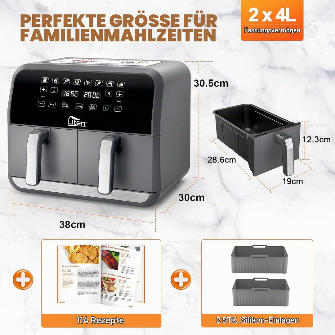 Uten Doppel Heissluftfritteuse, 8L Heissluftfritteuse Dual Zone, XXL Airfryer mit 2 Kammern, Silikon