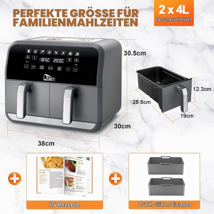 Uten Doppel Heissluftfritteuse, 8L Heissluftfritteuse Dual Zone, XXL Airfryer mit 2 Kammern, Silikon