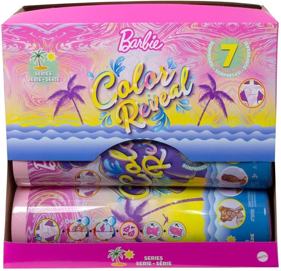 Barbie GTR95 - Color Reveal Puppe mit 7 Überraschungen (Strandrock, Schuhe, Handtuch & Zubehör), Far