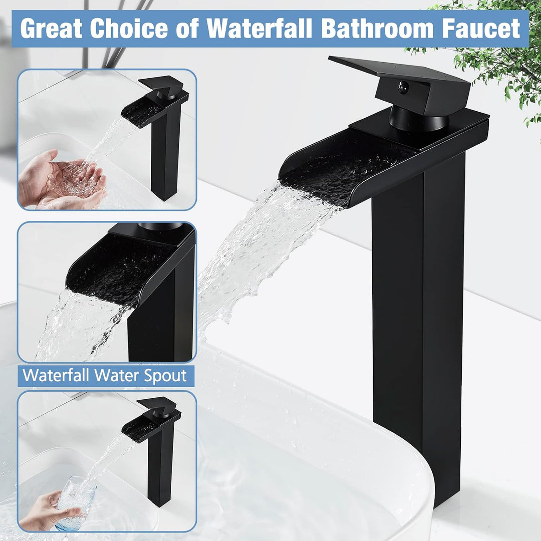 Wasserhahn Bad Schwarz Wasserfall Waschtischarmatur Hoch mit Auslauf 265mm | Messing Einhebel Mischb