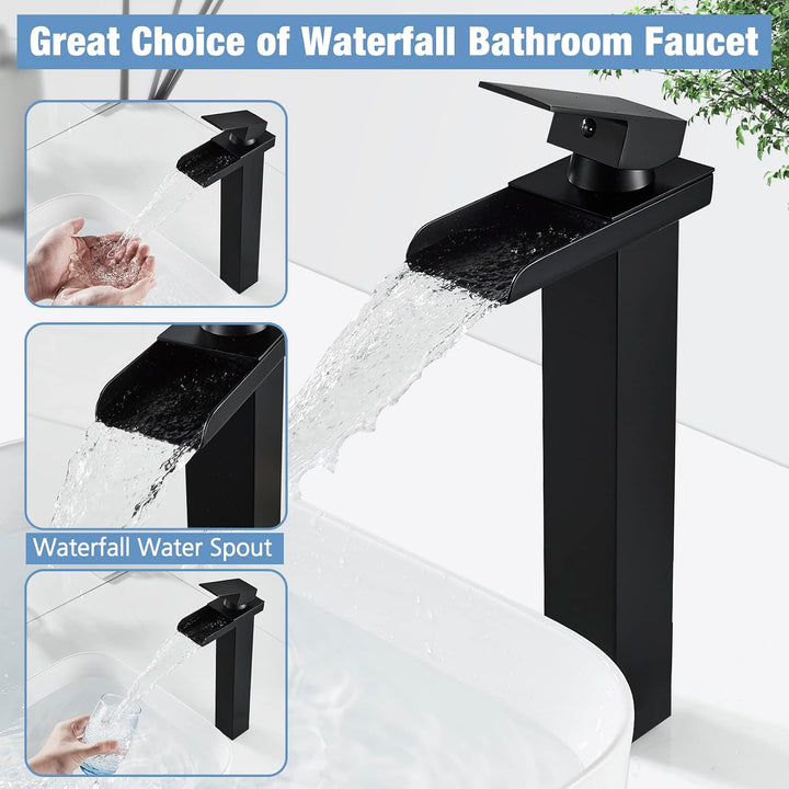 Wasserhahn Bad Schwarz Wasserfall Waschtischarmatur Hoch mit Auslauf 265mm | Messing Einhebel Mischb