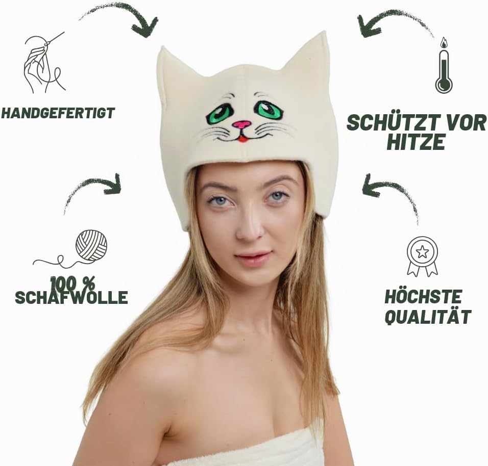 Natural Textile Saunahut "Sauna Kitten Green" weiss - 100% Bio-Wollfilzmmützen für russische Banya -