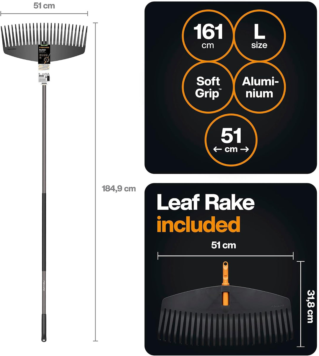 Fiskars OneClick Laubrechen &amp; Stiel L, Für grosse Rasenflächen, 1080713