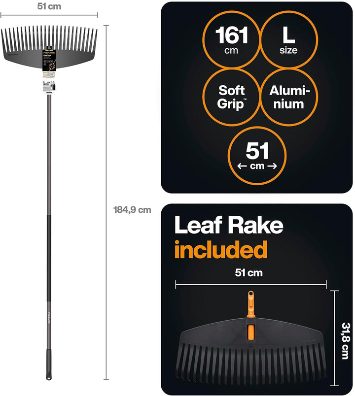 Fiskars OneClick Laubrechen &amp; Stiel L, Für grosse Rasenflächen, 1080713