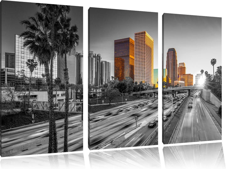 Pixxprint Strassenverkehr in Los Angeles Schwarz/Weiss 3-Teiler Leinwandbild 120x80 Bild auf Leinwan