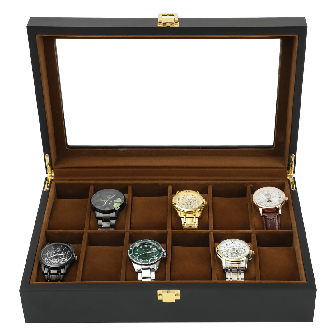 R.SHENGTE Uhrenbox,12 Slots Holzuhr Organizer Box mit Glasdeckel,Schmuck Aufbewahrungsbox für Männer