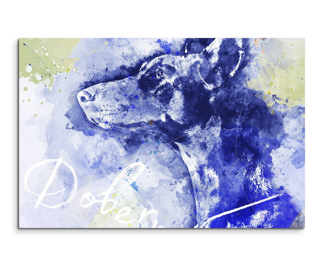 Paul Sinus Art Bild Leinwand 120x80cm Dobermann im Seitenprofil in Blautönen mit Kalligraphie, 120x8