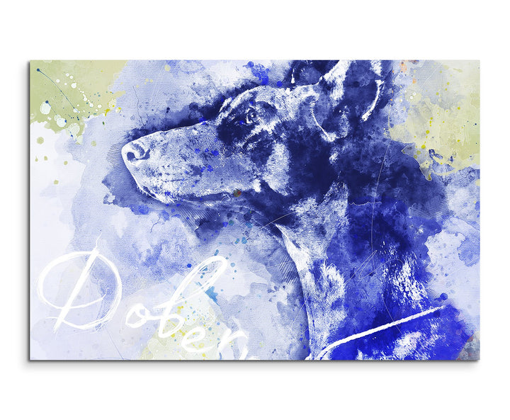 Paul Sinus Art Bild Leinwand 120x80cm Dobermann im Seitenprofil in Blautönen mit Kalligraphie, 120x8
