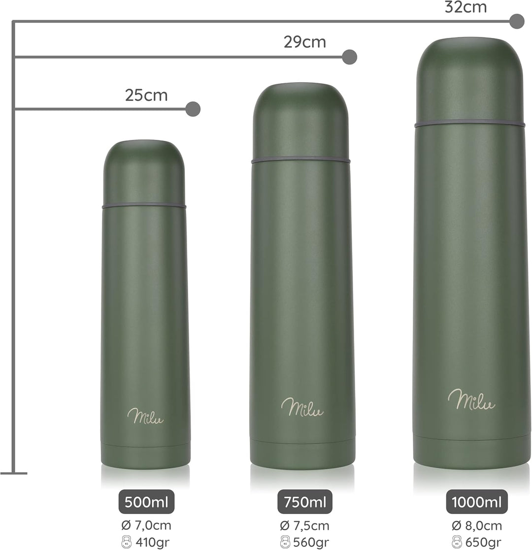 Milu Thermosflasche Thermoskanne Isolierflasche 1L, 750ml, 500ml - Isolierte Edelstahl Trinkflasche,