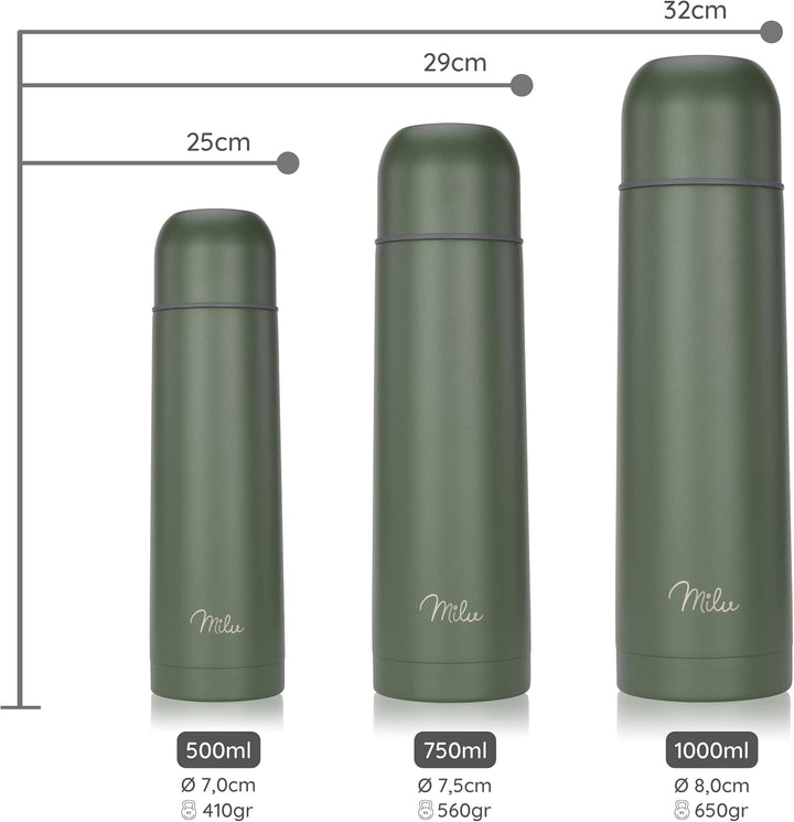 Milu Thermosflasche Thermoskanne Isolierflasche 1L, 750ml, 500ml - Isolierte Edelstahl Trinkflasche,