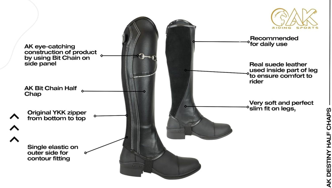 AK Equestrian Chaps zum Reitchaps mit Gebisskette und Lederschutz im Inneren AKRS-1864 XS Schwarzes/
