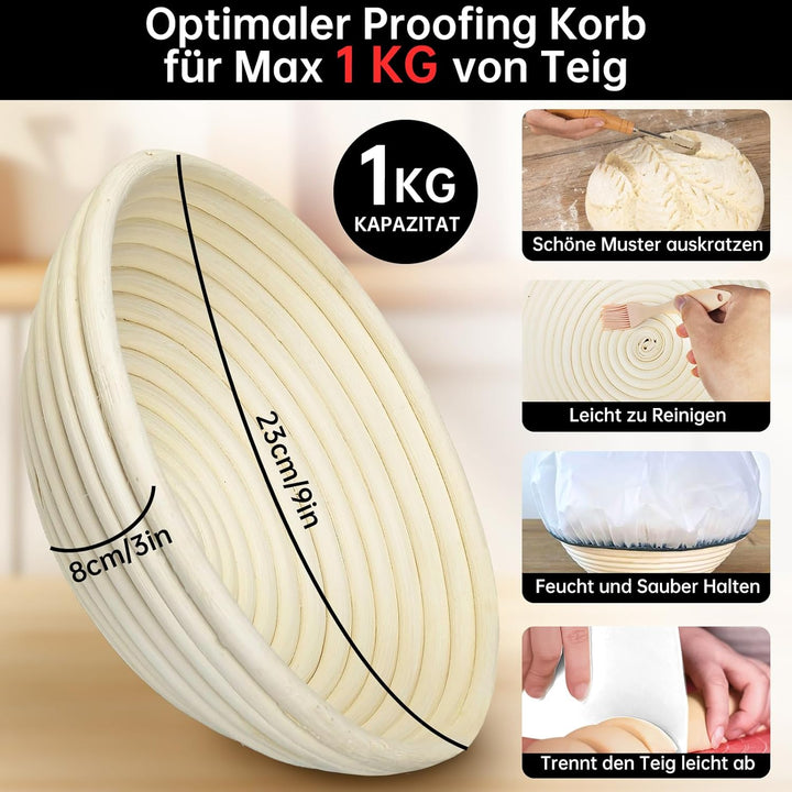 Gärkorb Brot Set, Gärkörbchen Rund 23 cm aus Natürlichem Rattan, Inklusive Bäckermesser, Bäckerleine