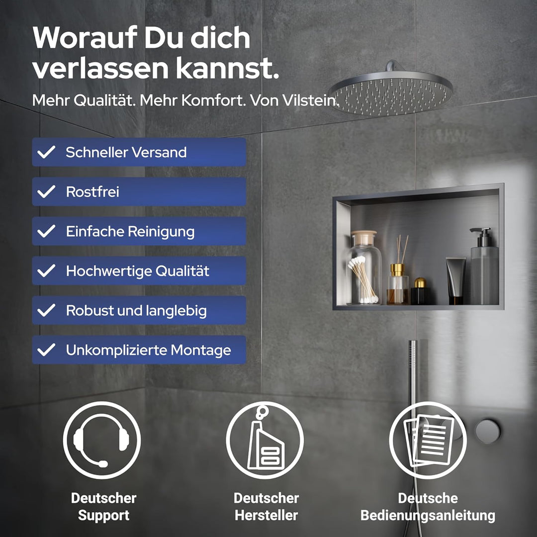 VILSTEIN Wandnische Dusche 30x90 cm [ROSTFREI] - Randlose Duschnische - Wandnische Silber - Einbaure