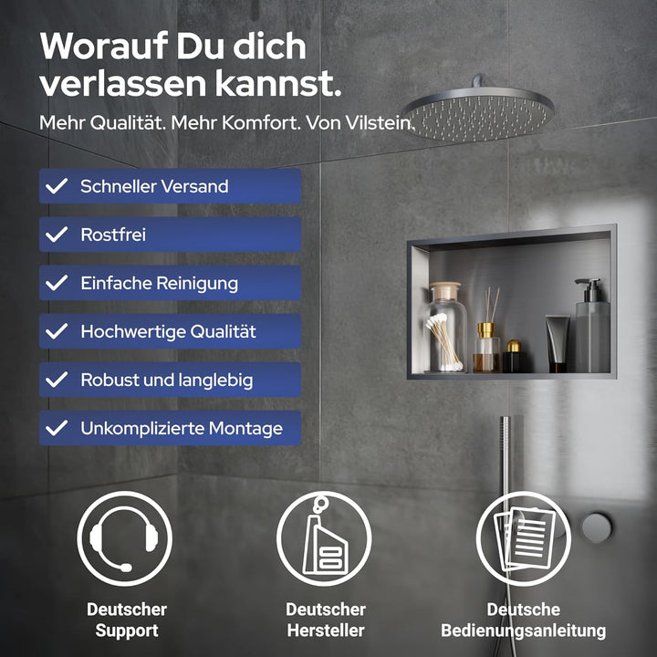 VILSTEIN Wandnische Dusche 30x90 cm [ROSTFREI] - Randlose Duschnische - Wandnische Silber - Einbaure