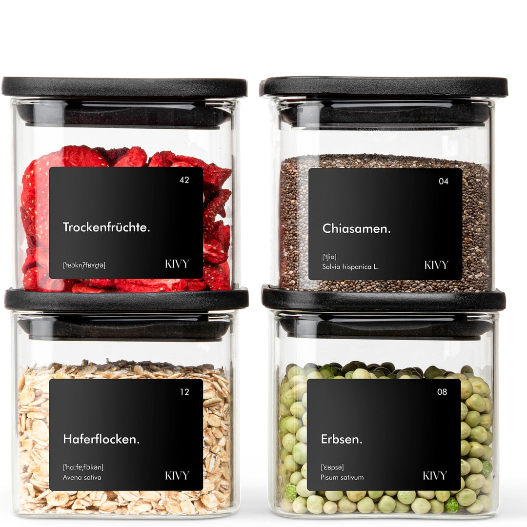 KIVY Vorratsgläser eckig [4x400ml] + Etiketten - Stapelbare & Luftdichte Aufbewahrungsgläser mit Dec