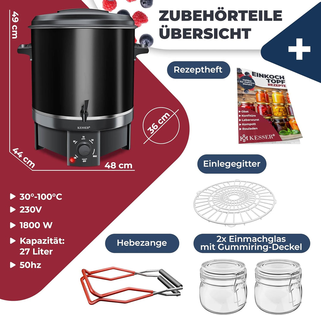 KESSER Einkochautomat 27 Liter, Edelstahl| 1800 Watt | Temperatur von 30-100°C | Dauerbetrieb | Absc
