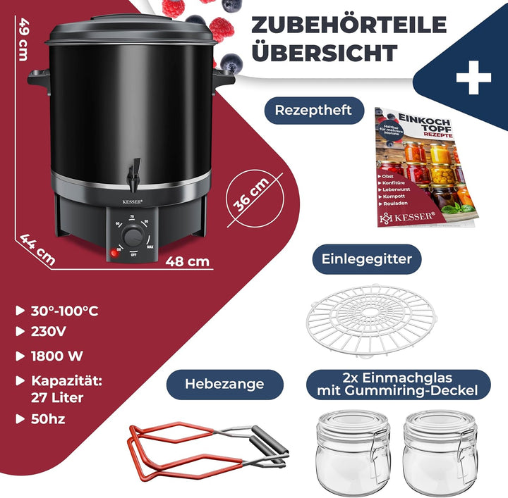 KESSER Einkochautomat 27 Liter, Edelstahl| 1800 Watt | Temperatur von 30-100°C | Dauerbetrieb | Absc