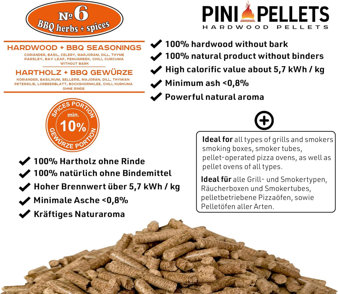 PINI Hartholz Pellets mit Gewürzen № 6 BBQ Gewürze 10 Kg zum Grillen Räuchern Smoken