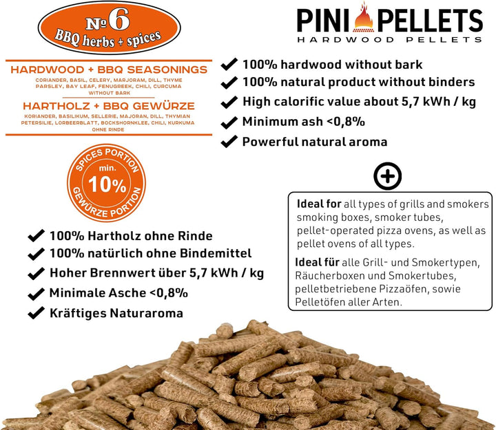 PINI Hartholz Pellets mit Gewürzen № 6 BBQ Gewürze 10 Kg zum Grillen Räuchern Smoken