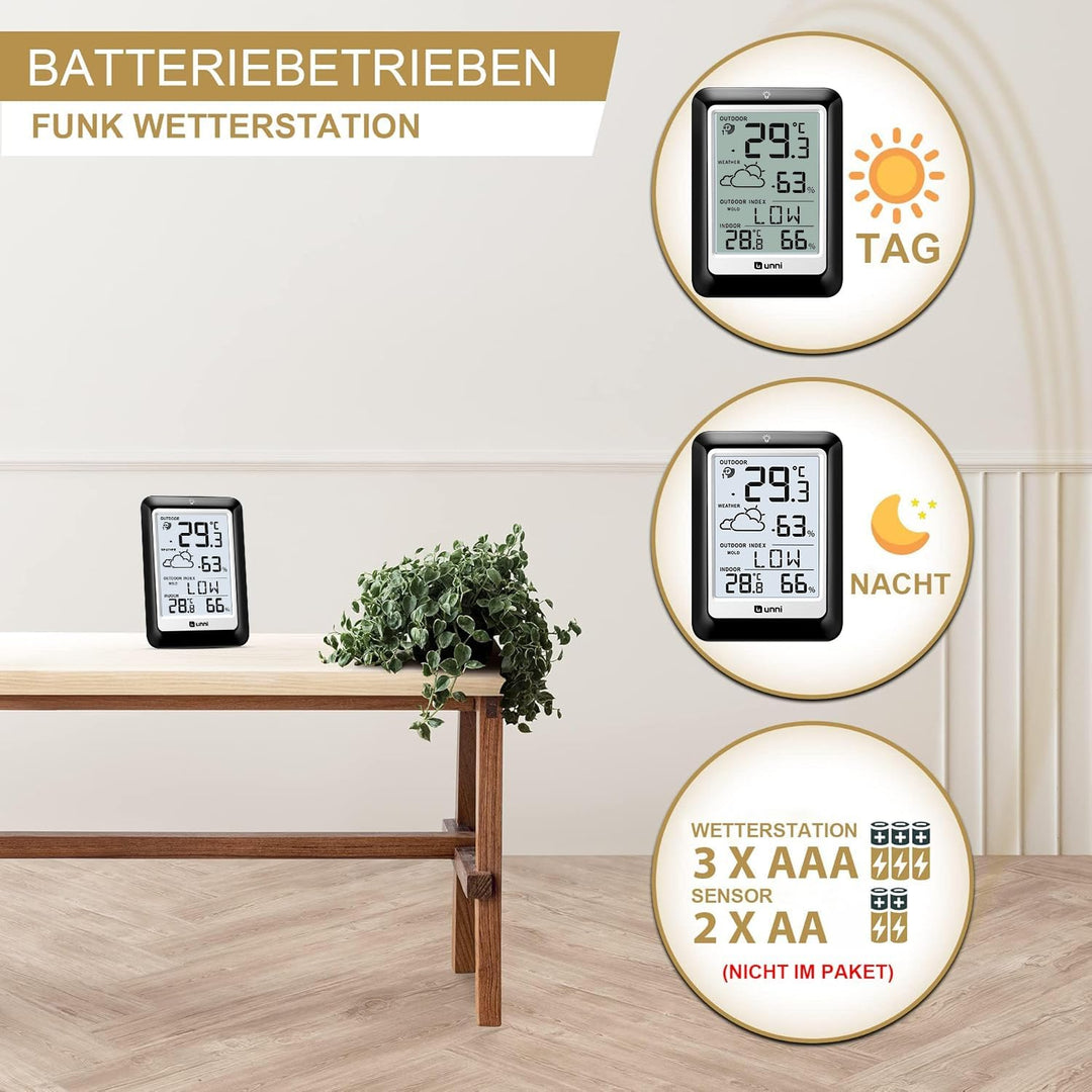 Funk Wetterstation mit Aussensensor Batteriebetrieb, Wettervorhersage Funkwetterstation 100M/330FT,