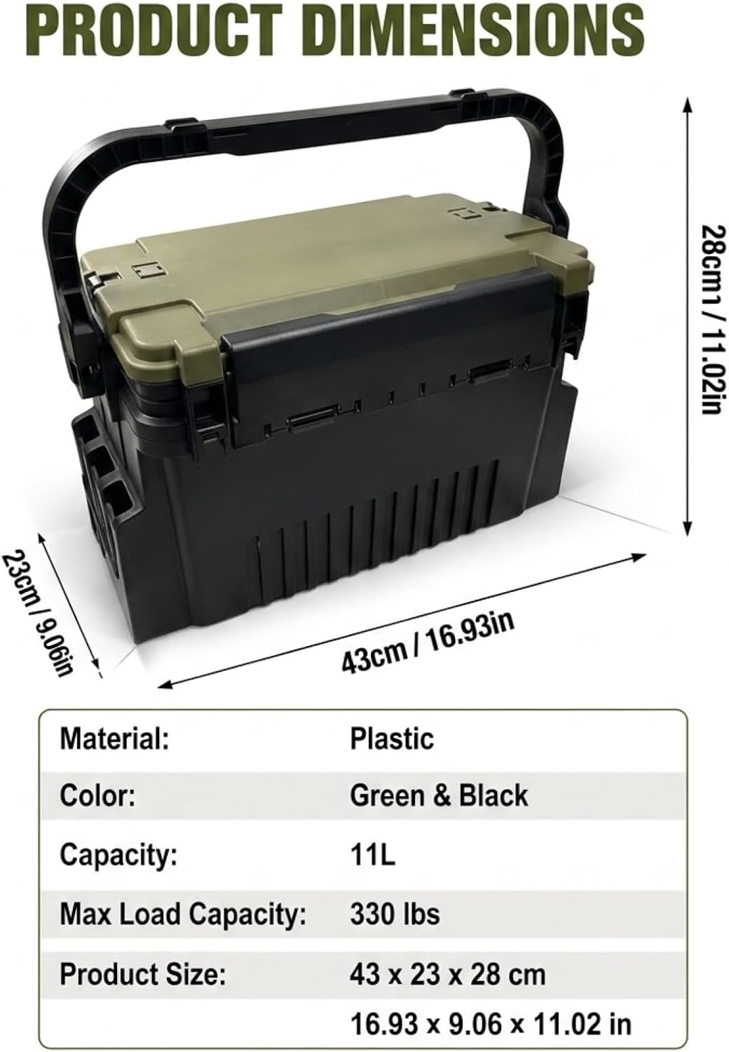 Angelkoffer Gross 2-Stöckig mit Sitzfunktion Wasserdicht Schwarz | 43×23×28cm, bis 150kg belastbar,