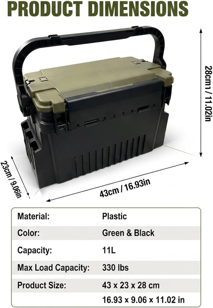 Angelkoffer Gross 2-Stöckig mit Sitzfunktion Wasserdicht Schwarz | 43×23×28cm, bis 150kg belastbar,