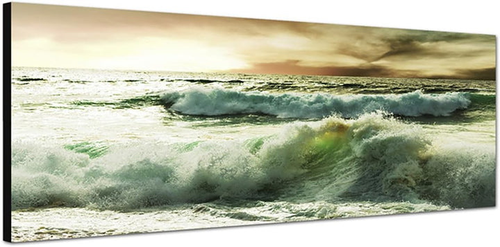Paul Sinus Art Panoramabild auf Leinwand und Keilrahmen 150x50cm Meer Strand Wellen Wolkenhimmel Stu