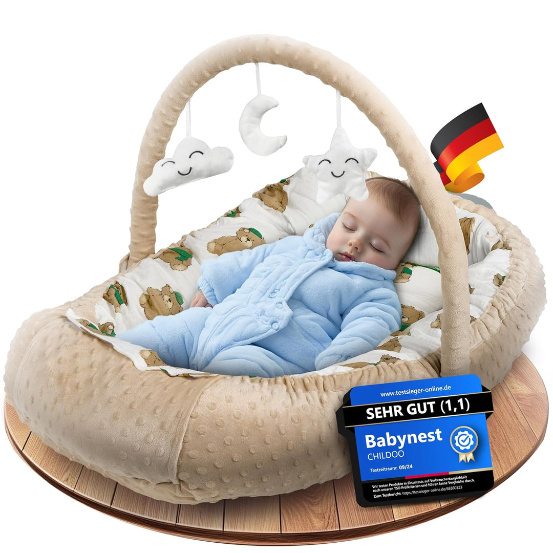 CHILDOO Babynest [inkl. Spielbogen] Baby Nestchen aus OEKOTEX Stoffen, Babynestchen für Neugeborene,