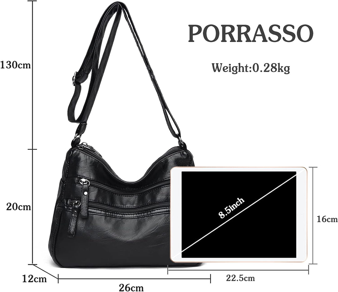 PORRASSO Damen Umhängetasche Multi-Tasche Schultertasche Leder Wasserdicht Handtasche Schulterbeutel