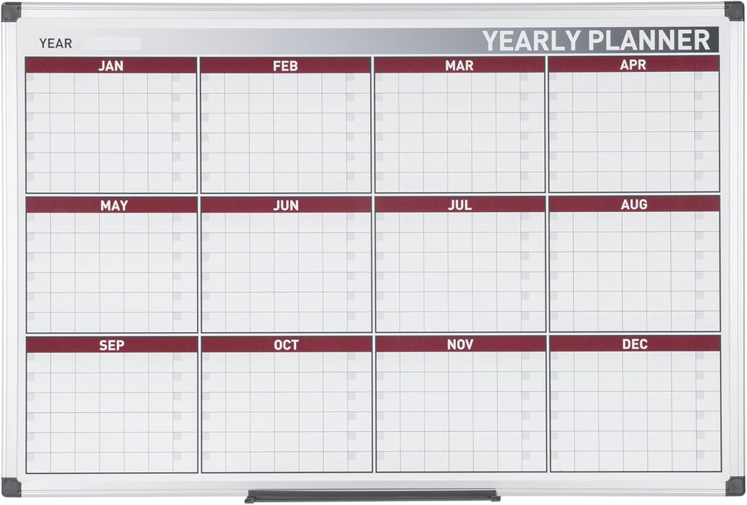 Bi-Office Jahresplaner mit 12 Monaten, Magnetisch, Aluminium Rahmen, 90x60cm