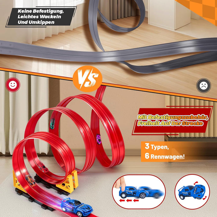 Autorennbahn Kinder, 500CM Rennbahn Rennstrecke Flexible Rennstrecke Kinder mit 6 Kleinwagen Aufbewa
