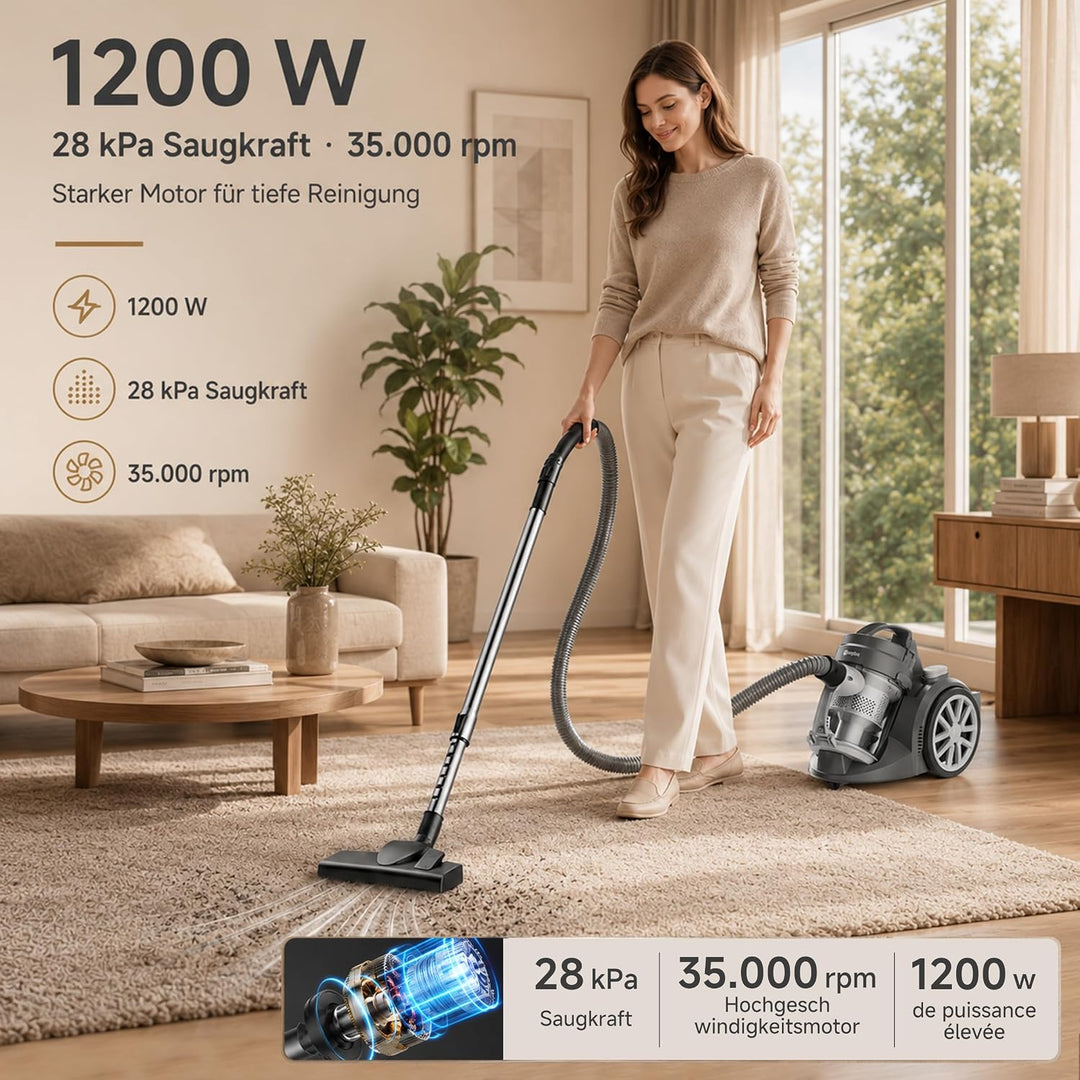 SIMPLUS Staubsauger mit Kabel, Beutelloser Bodenstaubsauger, 1200W, 28 kPa Saugleistung, F9 HEPA Fil