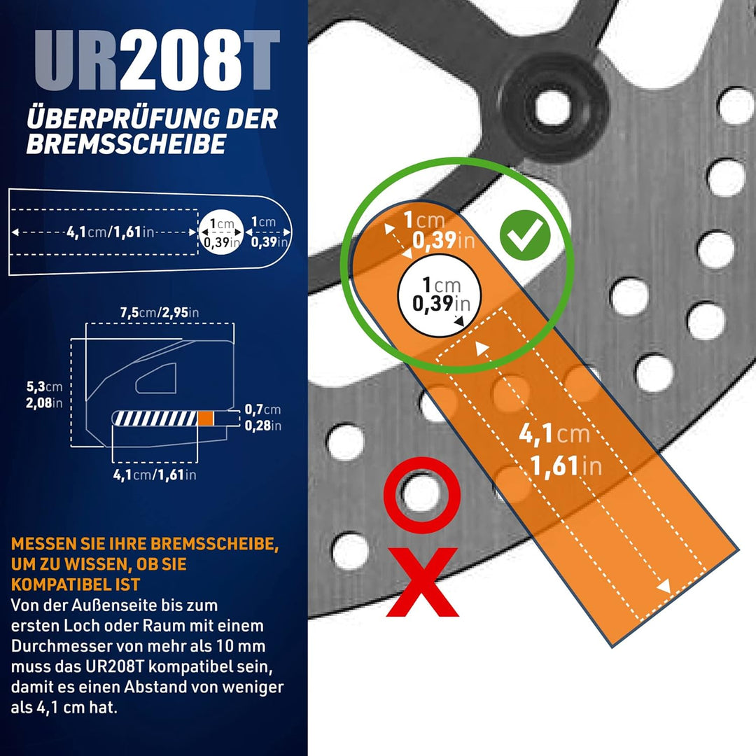 URBAN UR208T Bremsscheibenschloss Motorrad mit Erinnerungskabel, Leichtes Design, 10 mm Sicherungsst