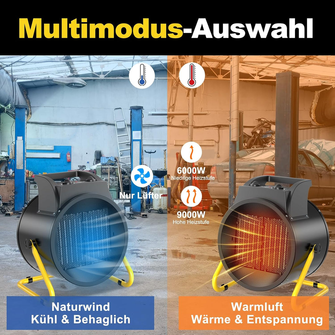 Heizlüfter 9 kW Keramik Industrie 400V mit Thermostat, 3 Heizstufen | Heizstrahler Elektro Bauheizer