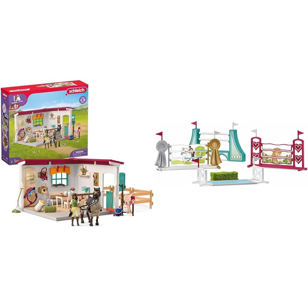 SCHLEICH 42591 Horse Club Sattelkammer, 85 Teile Spielset Pferde Figur & 42612 Hindernisse Zubehör,