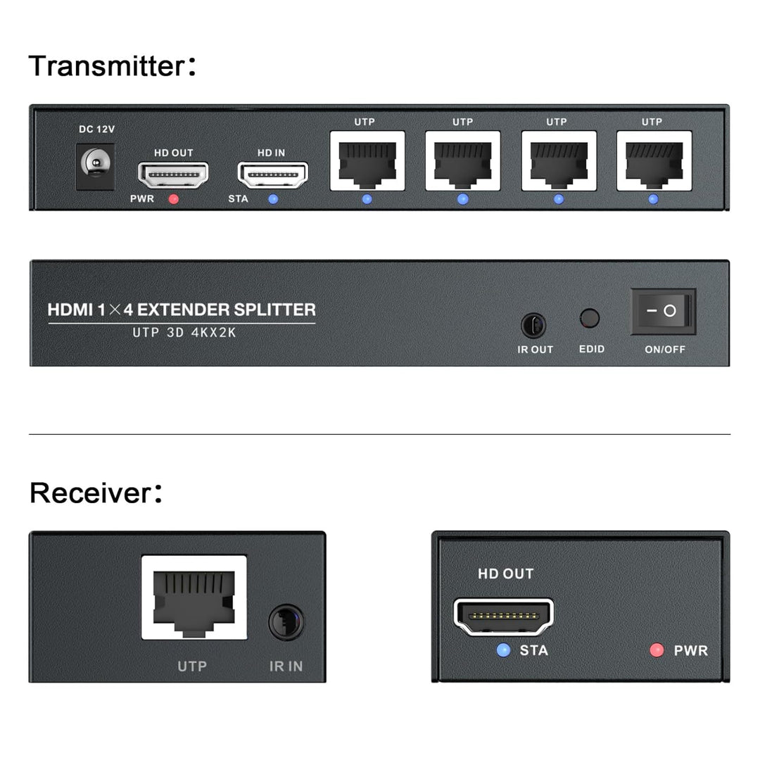 PW-HT246P4IR HDMI Extender Splitter 1x4 Port 60m/196ft von Cat5e/Cat6/CAT7-Kabelunterstützung 4K@60H