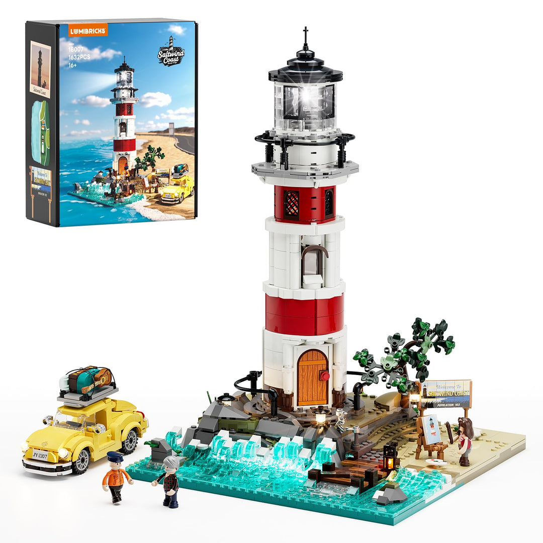 Sunrise Leuchtturm Bauset – 1632 Teile Küsten-Leuchtturm mit 360° Chasing-Licht, Vintage Beetle Auto