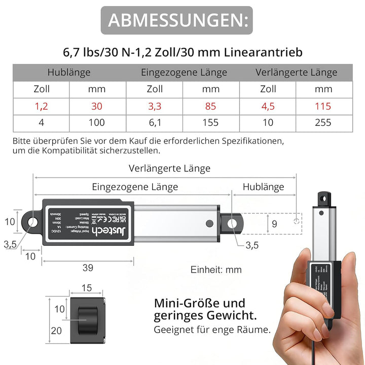Justech Micro Linear Actuator 12V 30N Linearantrieb Motor 30mm Mini Electric Lineartechnik für Auto