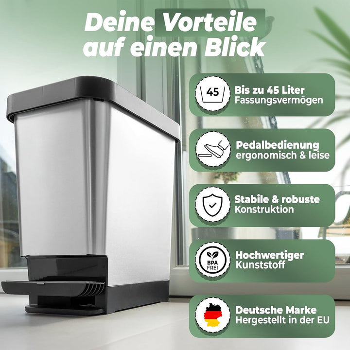Novaliv 3x Grosser Mülleimer mit Deckel - 45L Tretmülleimer - Treteimer Müllbehälter Stabiler Abfall