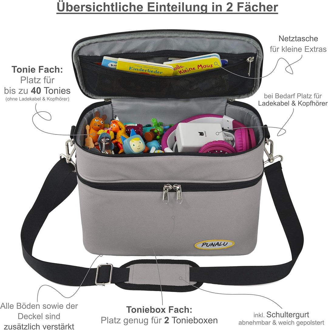 PUNALU grosse Tasche für Toniebox, Platz für 68 Tonie Hörfiguren, Toniebox Tasche (grau), Grau