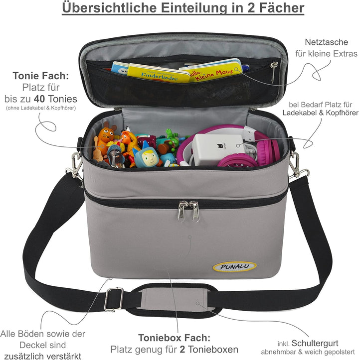 PUNALU grosse Tasche für Toniebox, Platz für 68 Tonie Hörfiguren, Toniebox Tasche (grau), Grau