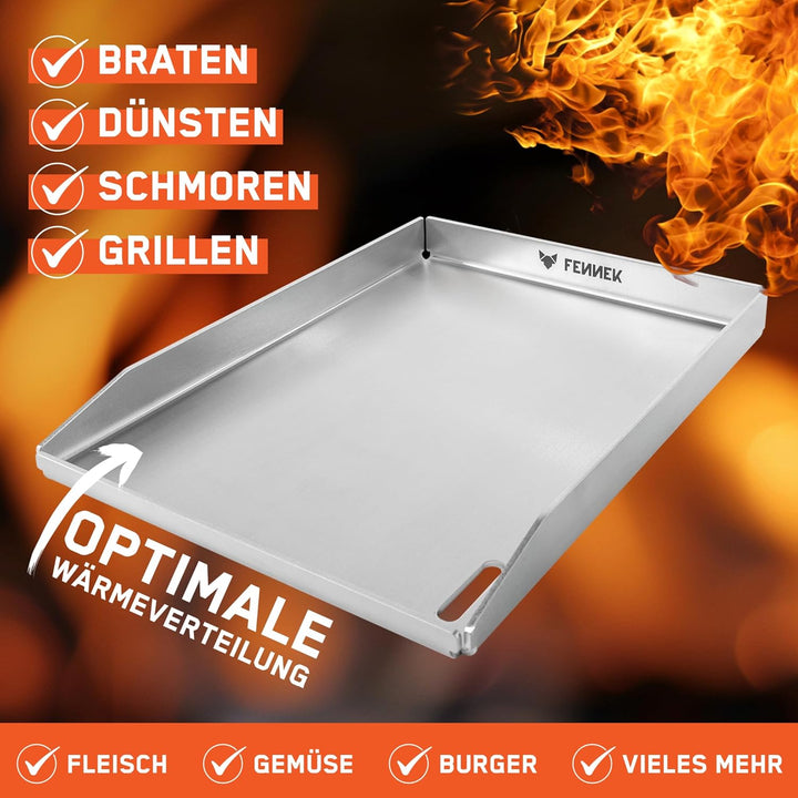 FENNEK Plancha 40 x 30 cm Teppanyaki Grillplatte mit Vorderkante & grossem Ablaufloch | 4,0 mm Edels