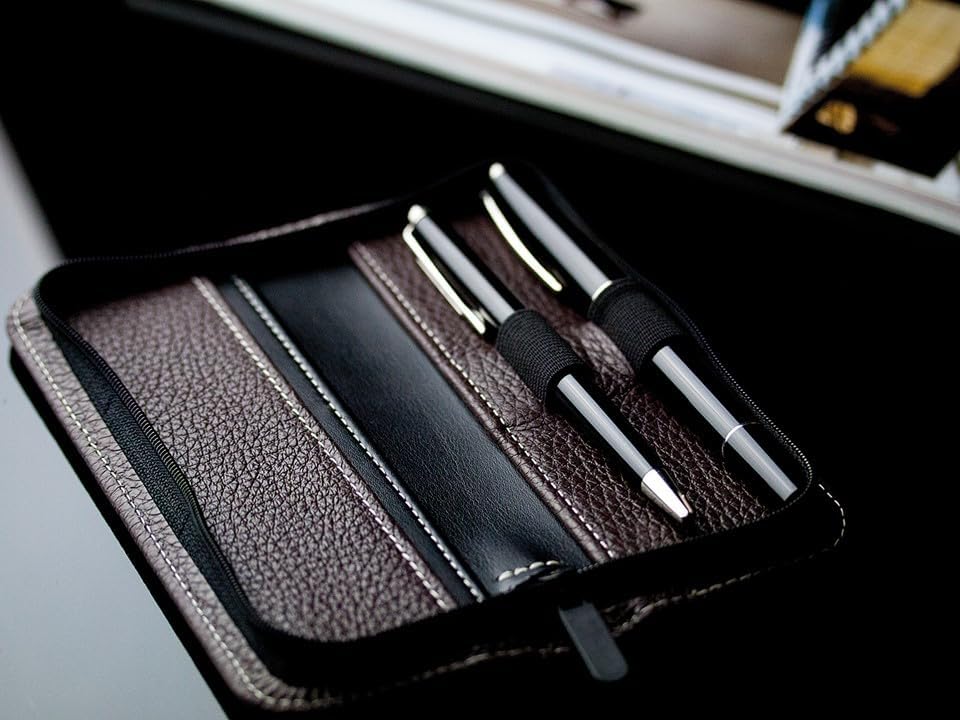 DELMON VARONE - Personalisierbares Schreibgeräte Etui Soft Grain Leder braun - Echtleder Stifteetui
